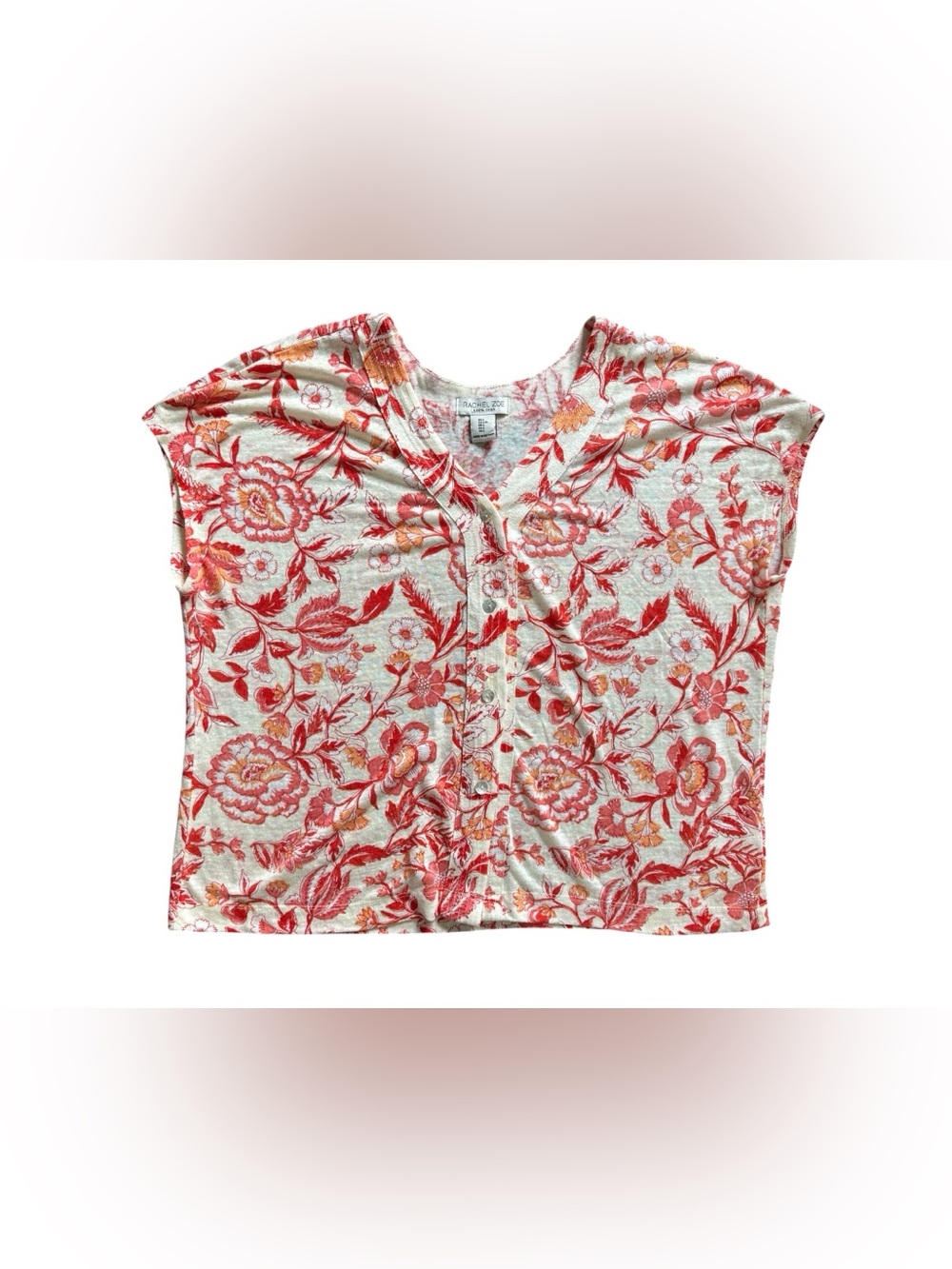 NWOT Rachel Zoe 100% Linen Floral Henley Top Ivory Red Size L